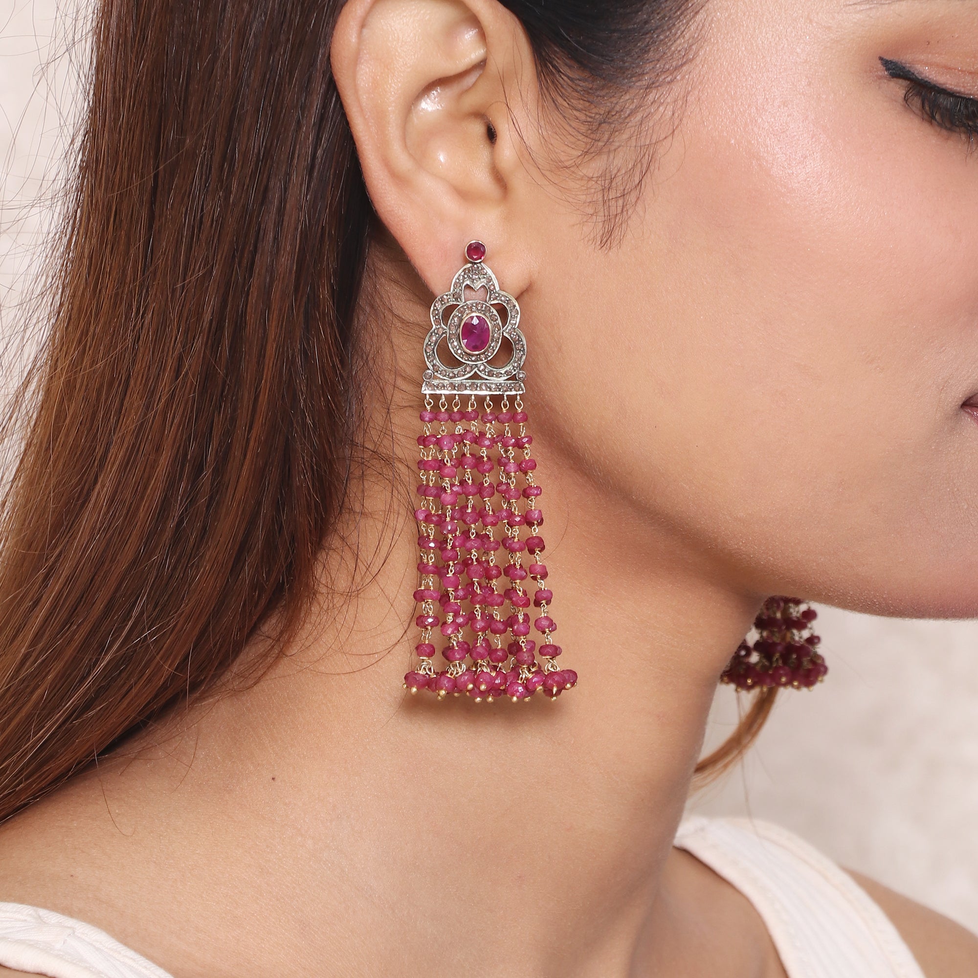 Victorian Treasure Ruby & Diamond Mala Beads Earrings