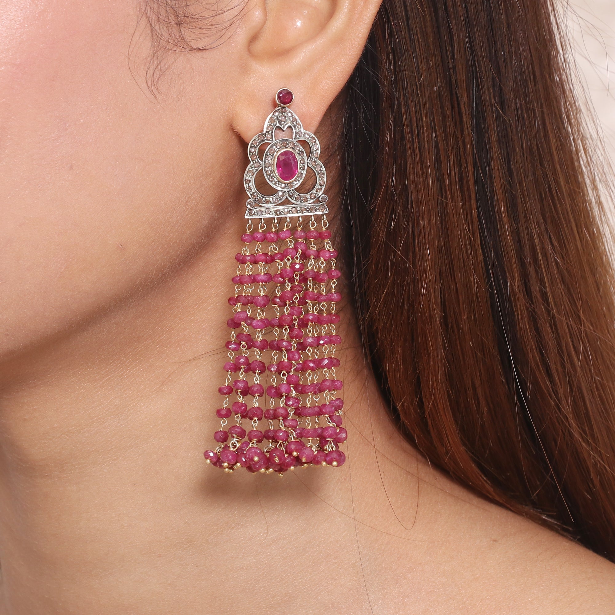 Victorian Treasure Ruby & Diamond Mala Beads Earrings