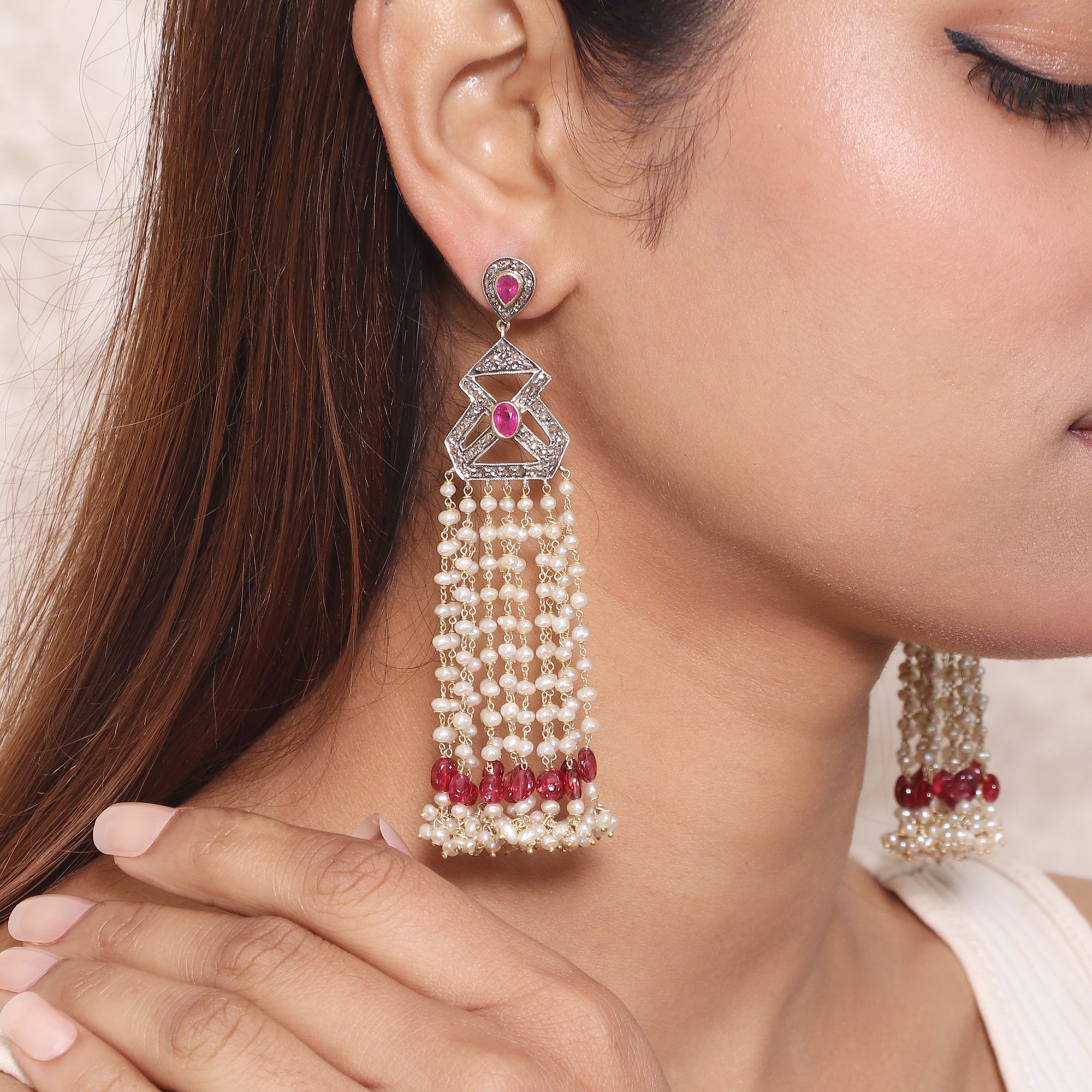 Ruby, Pearl Sovereign Gold Mala Earrings