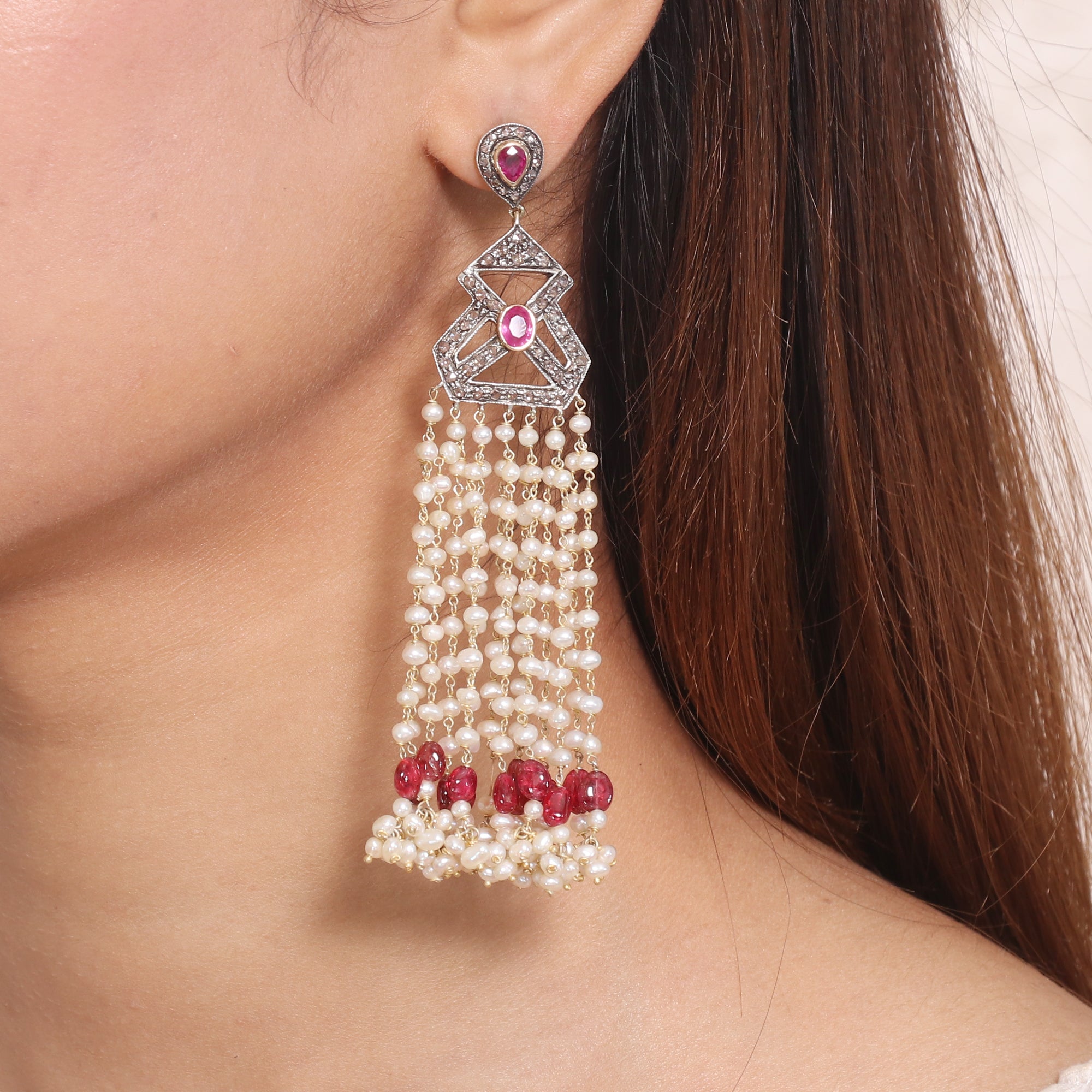 Ruby, Pearl Sovereign Gold Mala Earrings