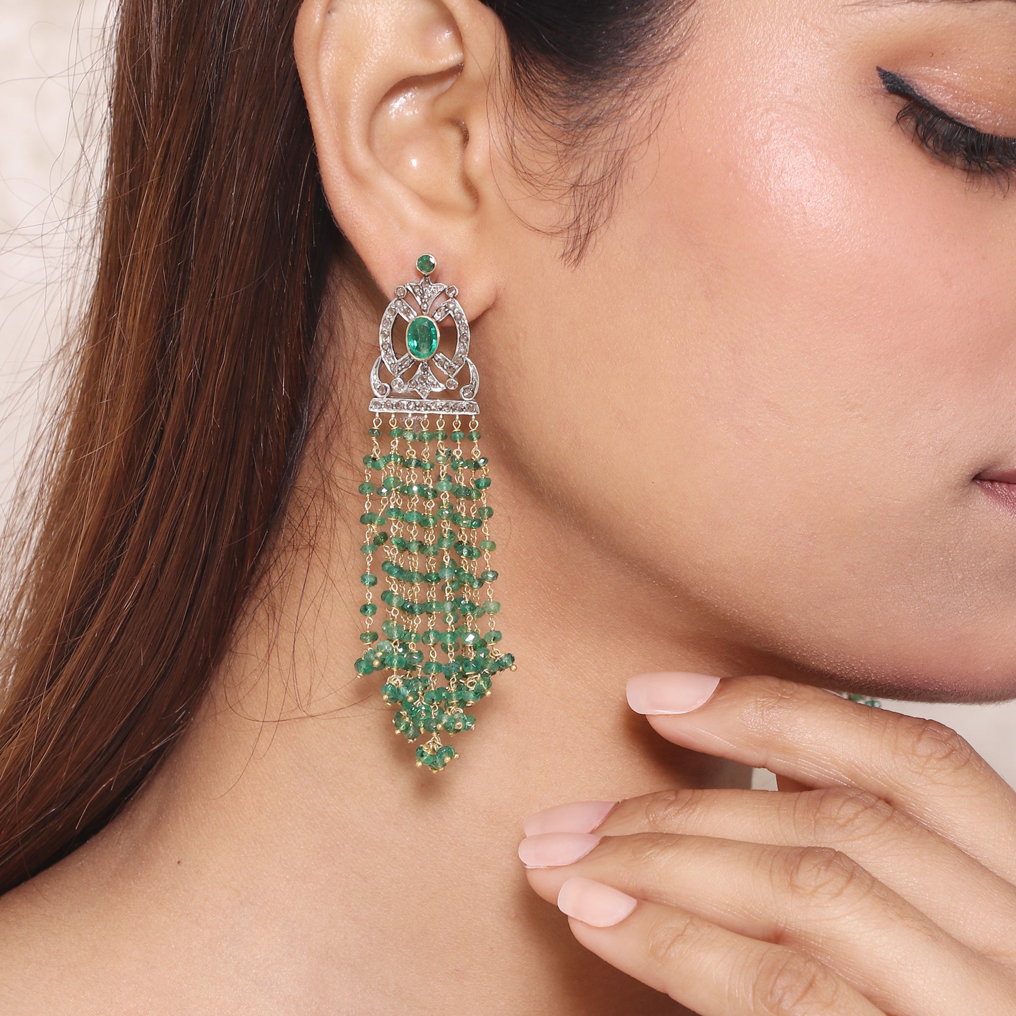 Grand Heirloom Emerald Mala & Diamond Earrings