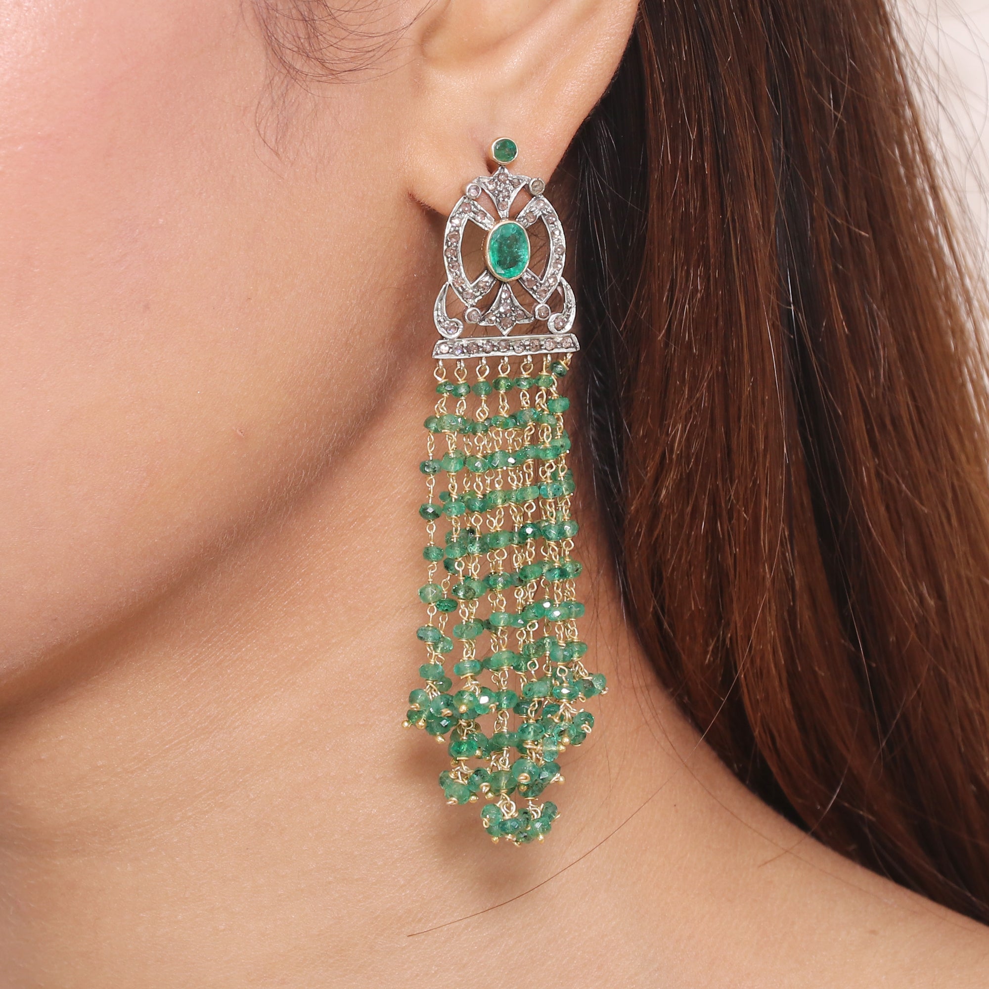 Grand Heirloom Emerald Mala & Diamond Earrings