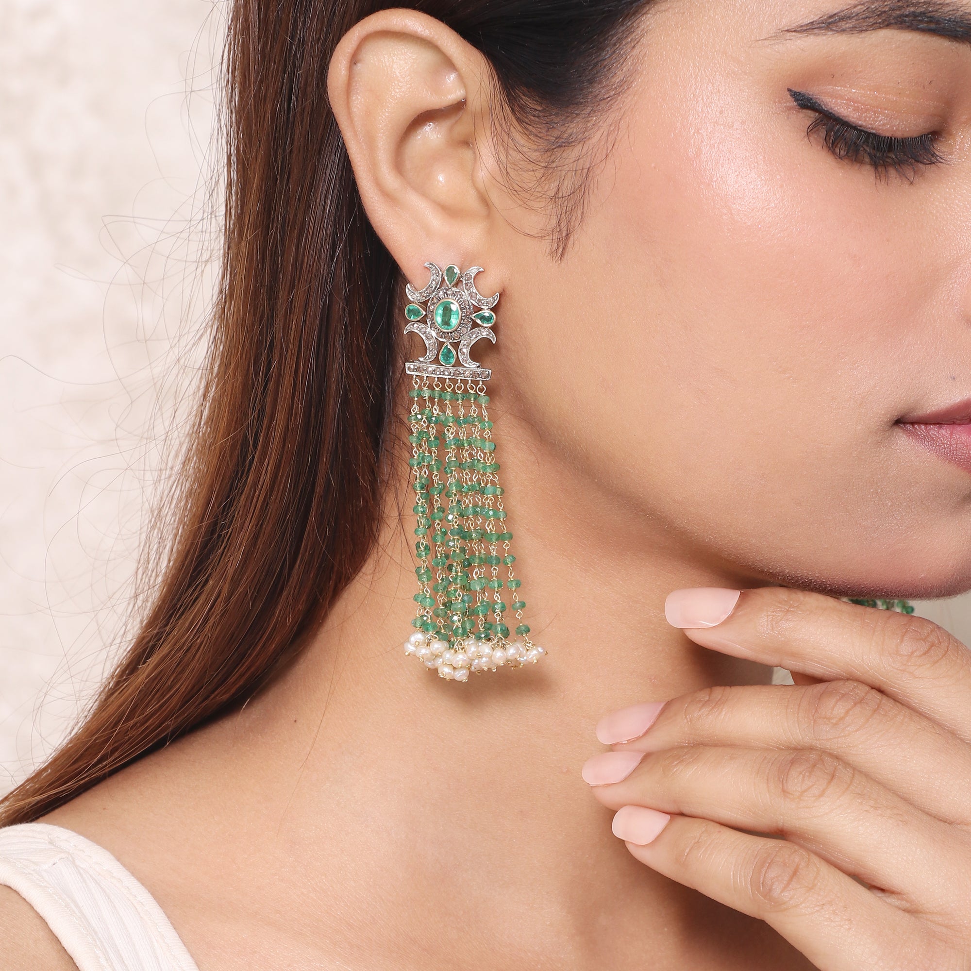 Regal Pearls & Emerald Beaded Victorian Earrings