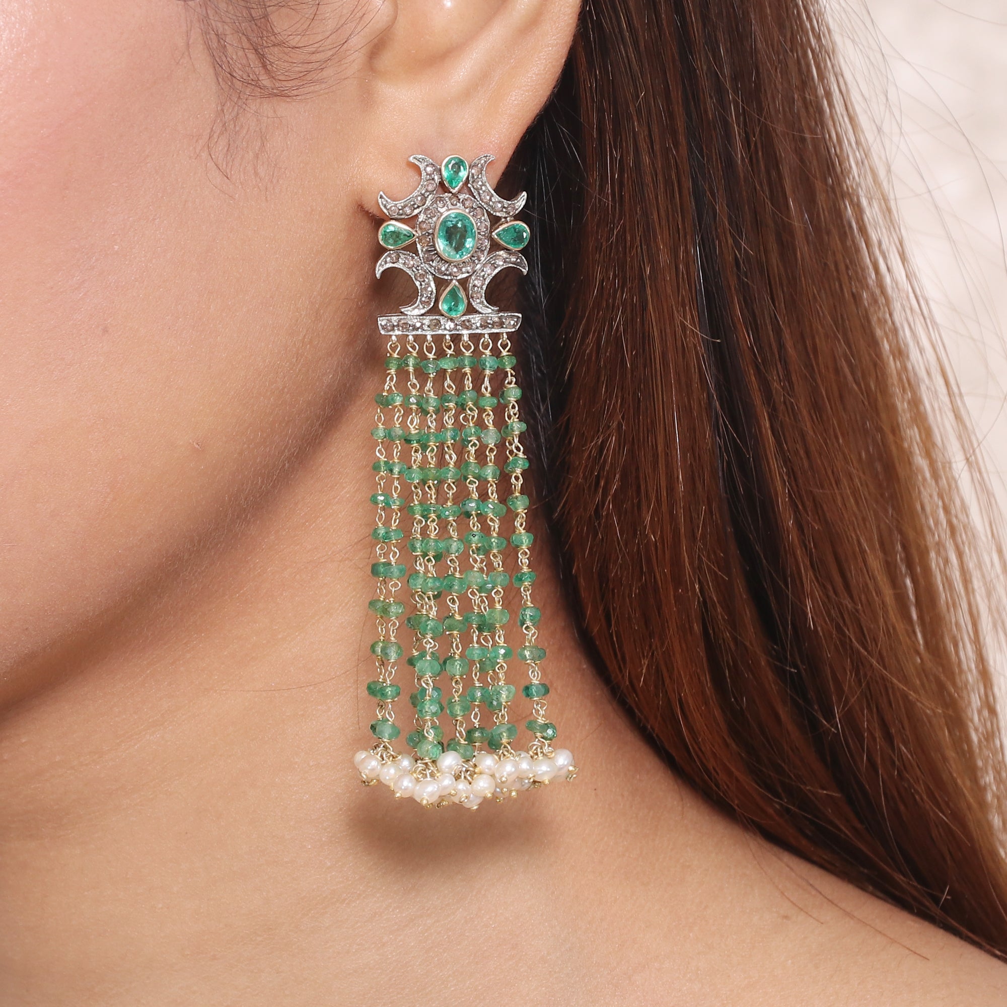 Regal Pearls & Emerald Beaded Victorian Earrings