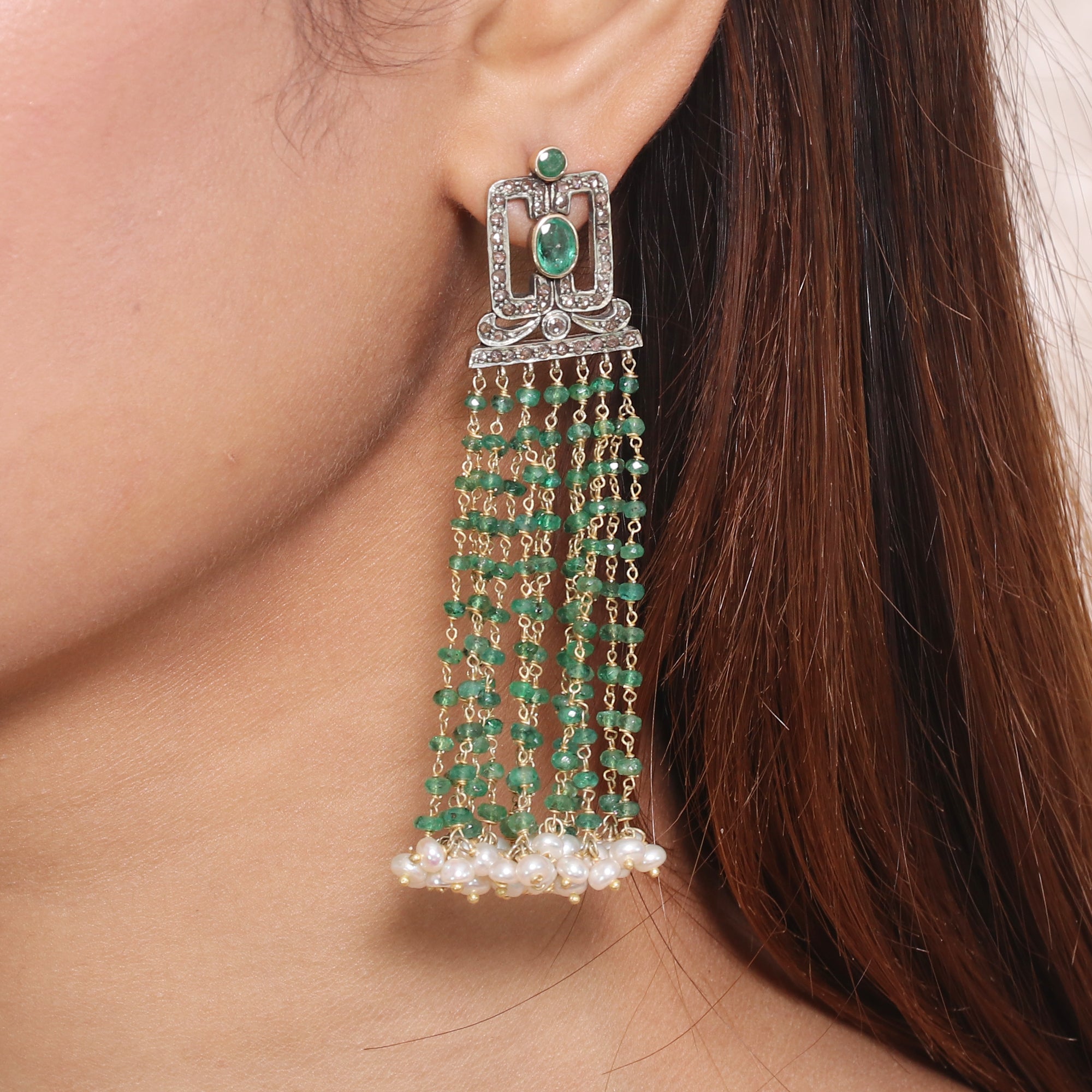 Victorian Royale Emerald & Pearl Diamond Earrings