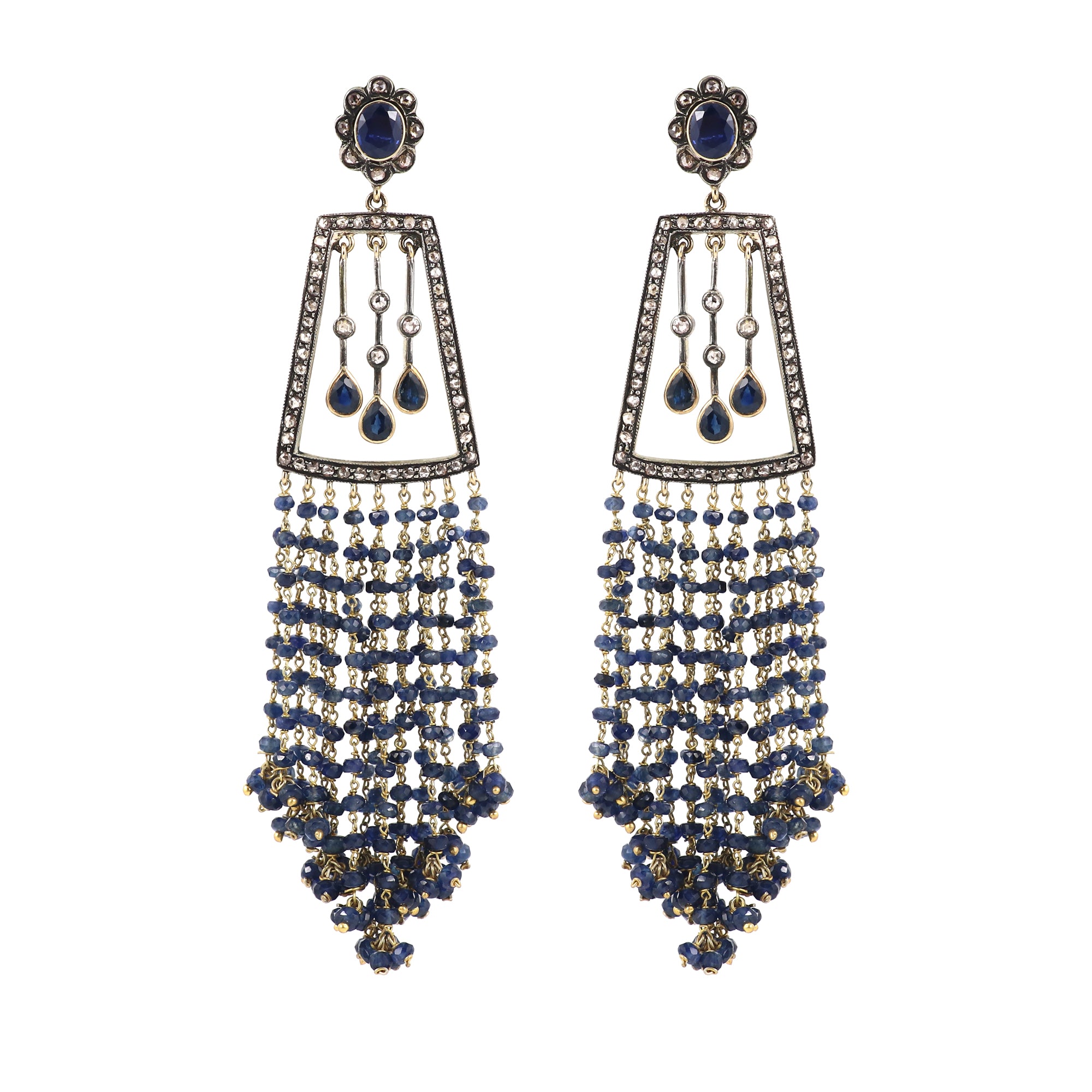 Regal Diamond & Sapphire Beaded Victorian Earrings