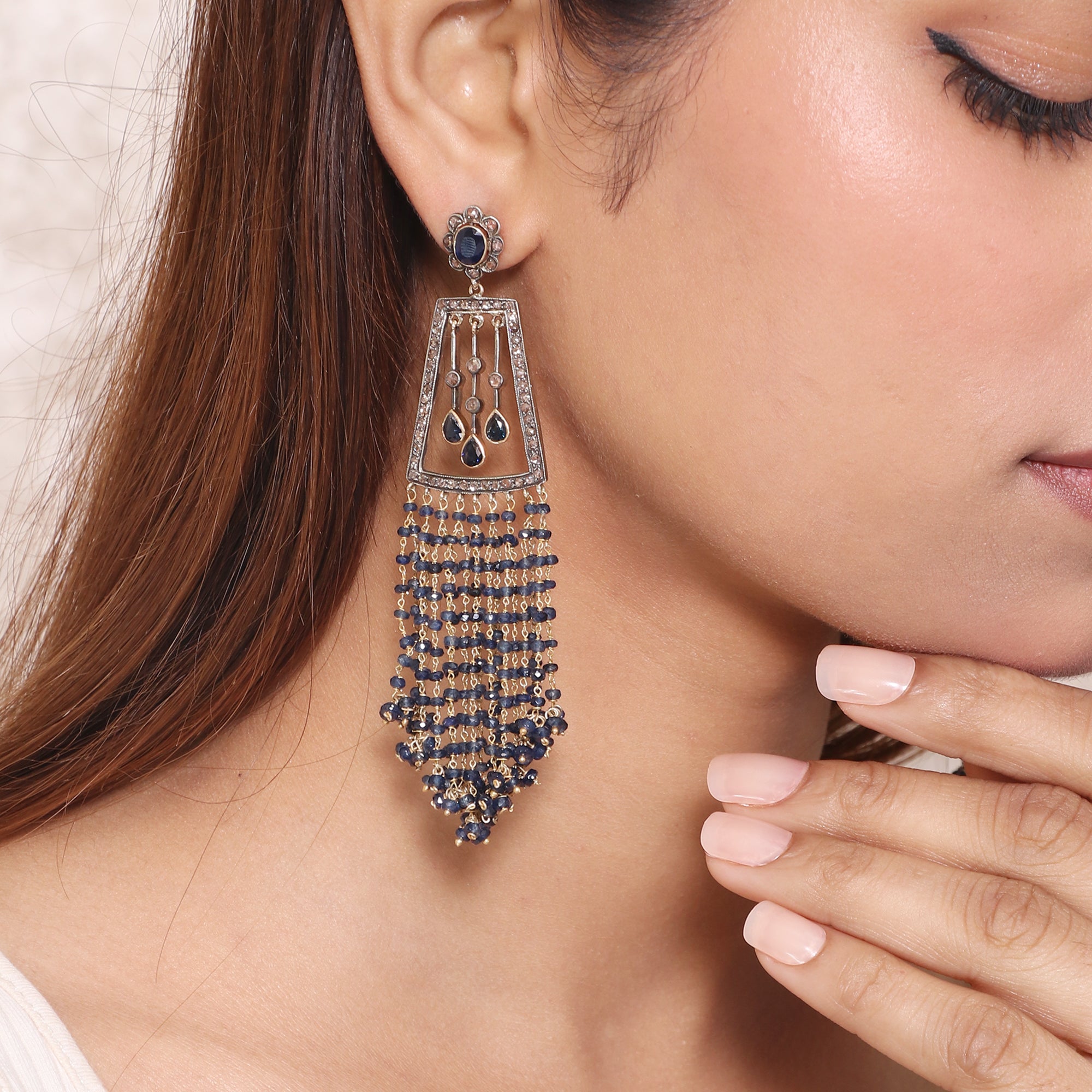 Regal Diamond & Sapphire Beaded Victorian Earrings