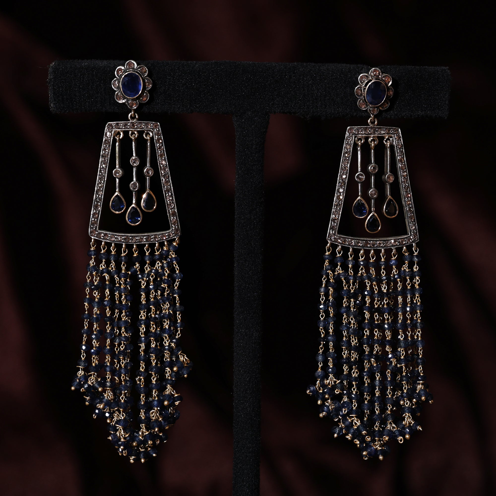 Regal Diamond & Sapphire Beaded Victorian Earrings