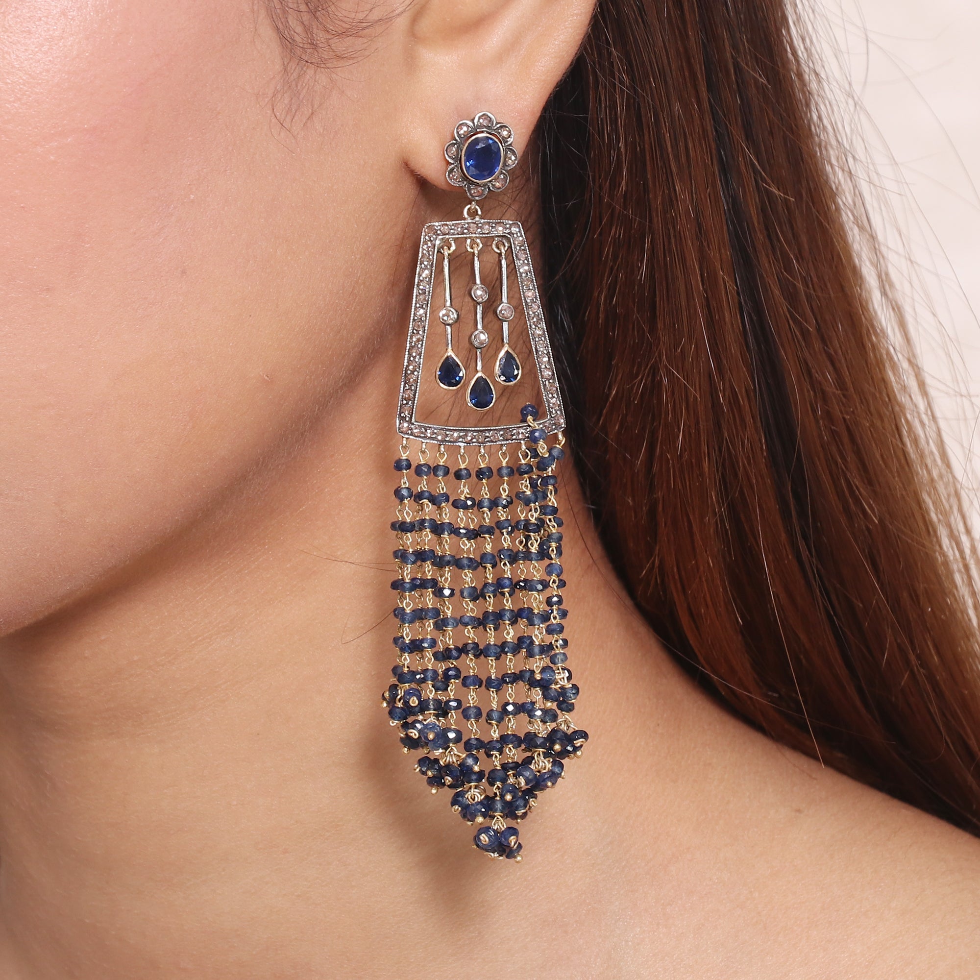 Regal Diamond & Sapphire Beaded Victorian Earrings