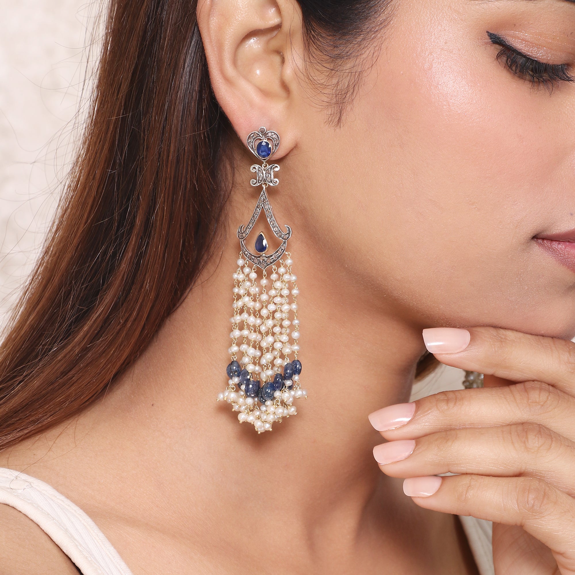 Sapphire Serenade Pearl Diamond & Mala Stud Earrings