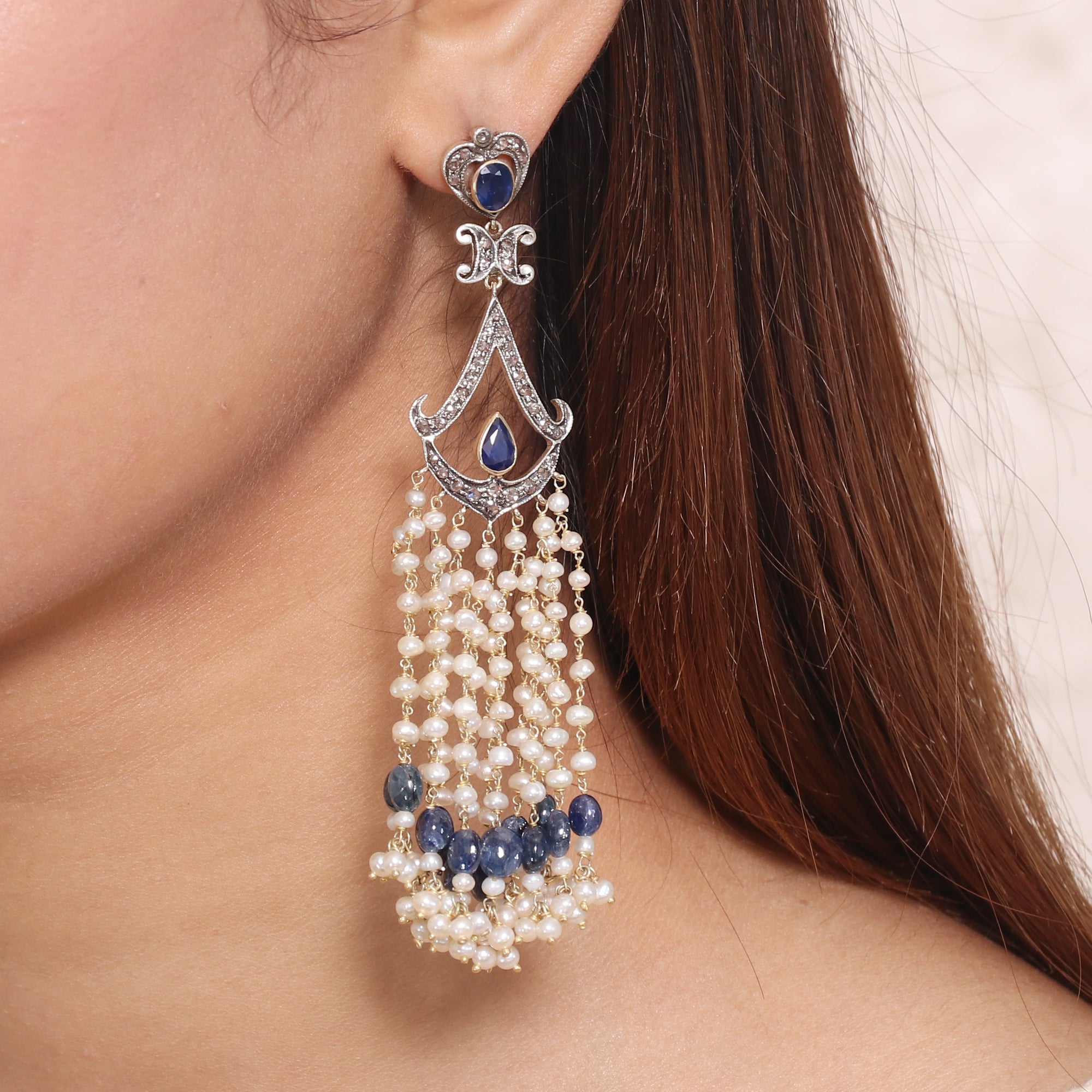 Sapphire Serenade Pearl Diamond & Mala Stud Earrings