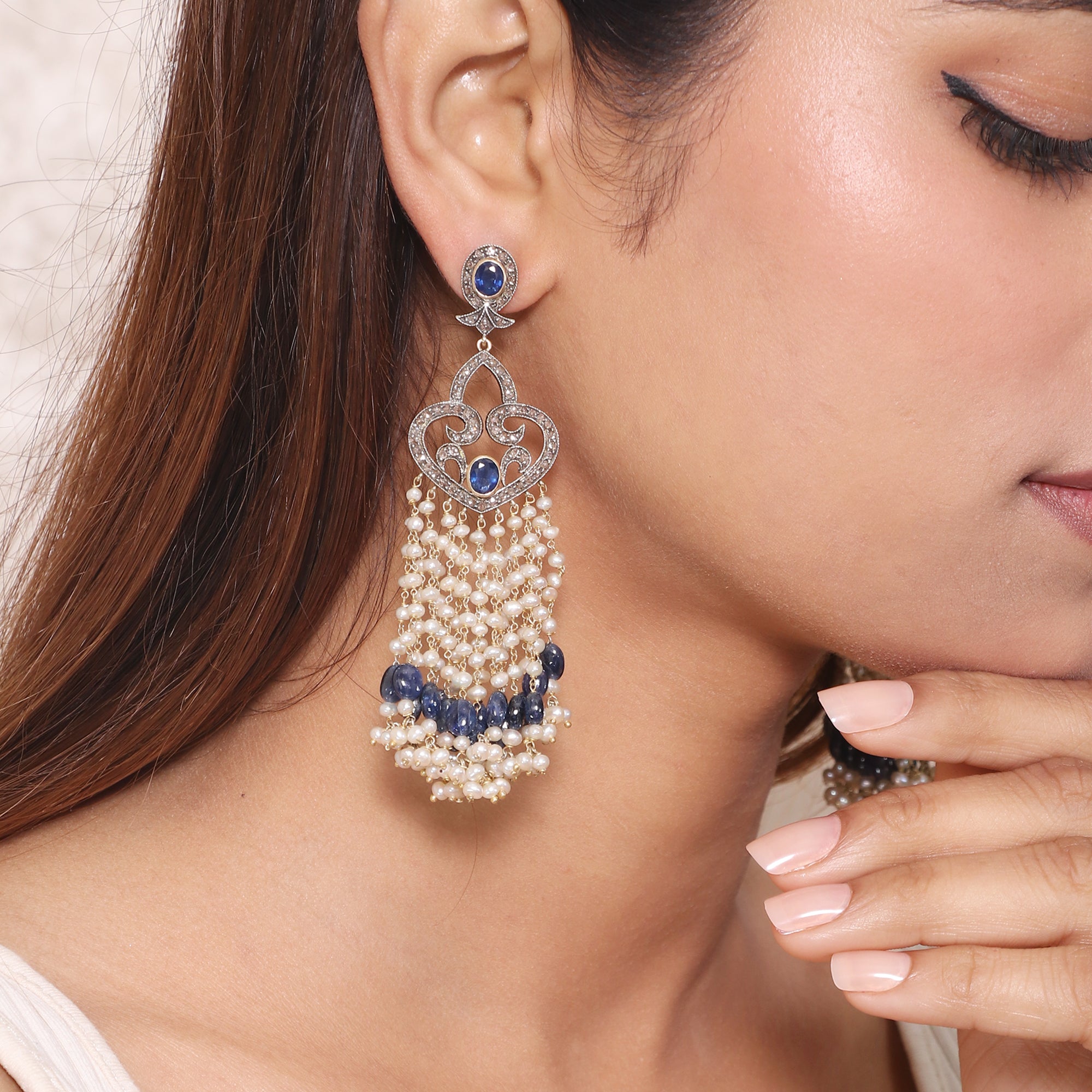 Victorian Radiance Sapphire & Pearl Beaded Earrings