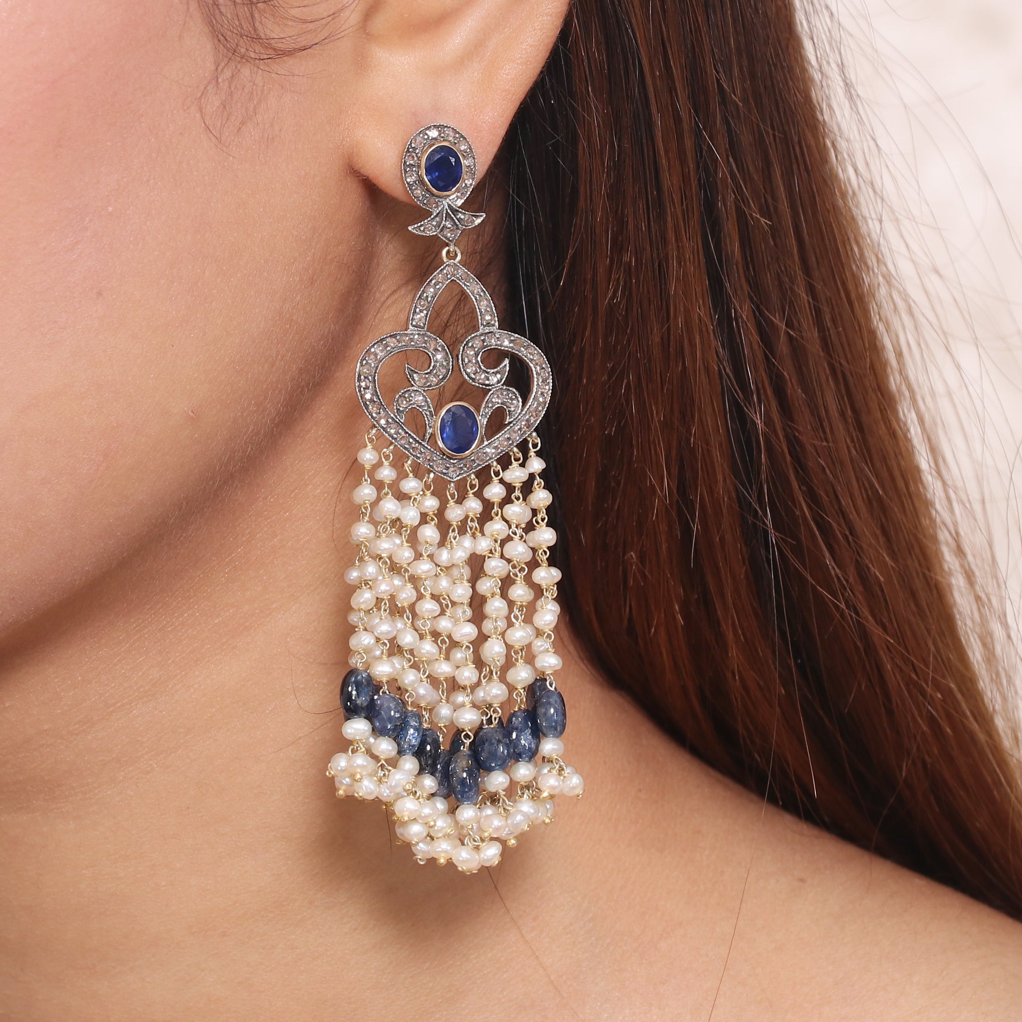 Victorian Radiance Sapphire & Pearl Beaded Earrings