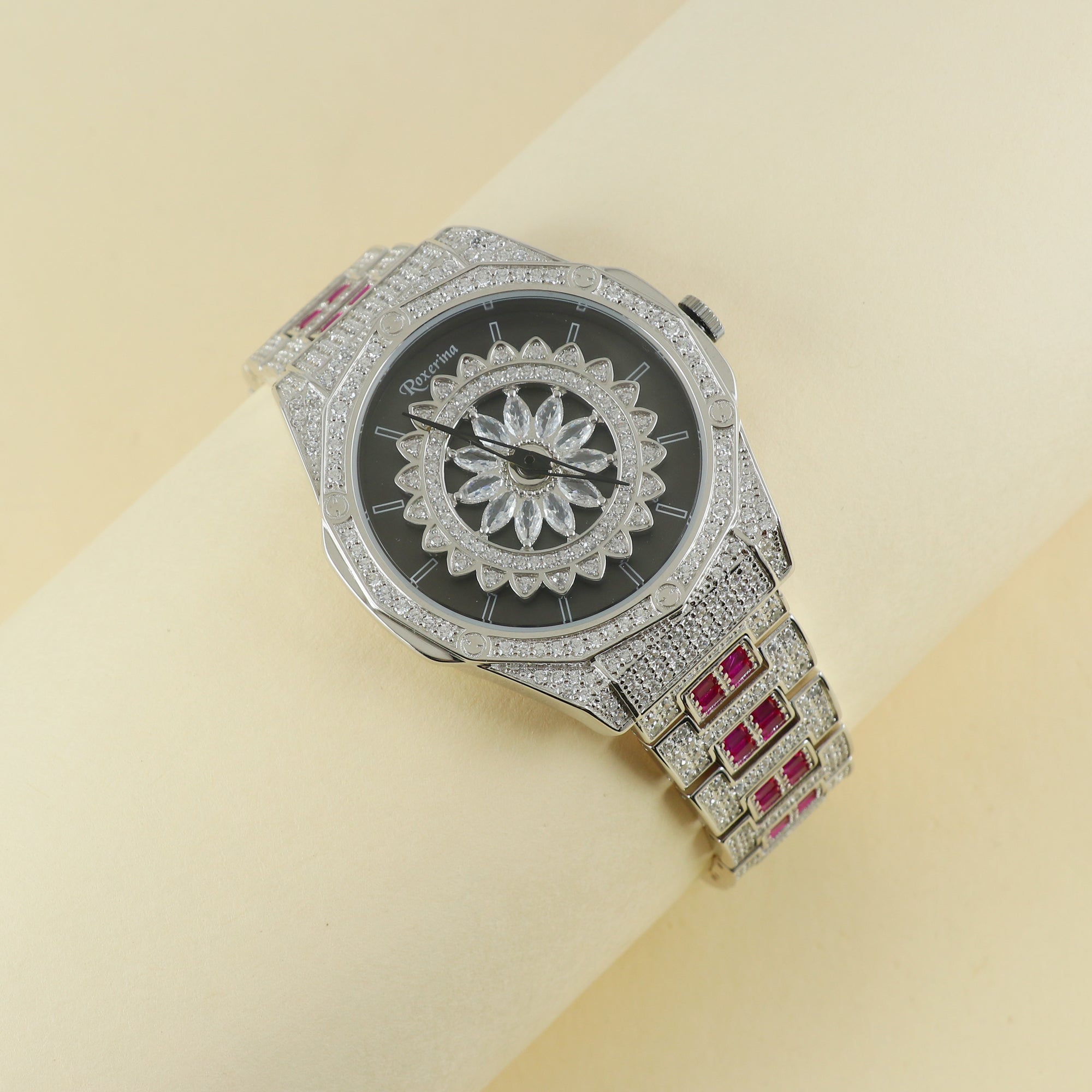 925 Sterling Silver Watch Studded with American Diamond and Ruby.