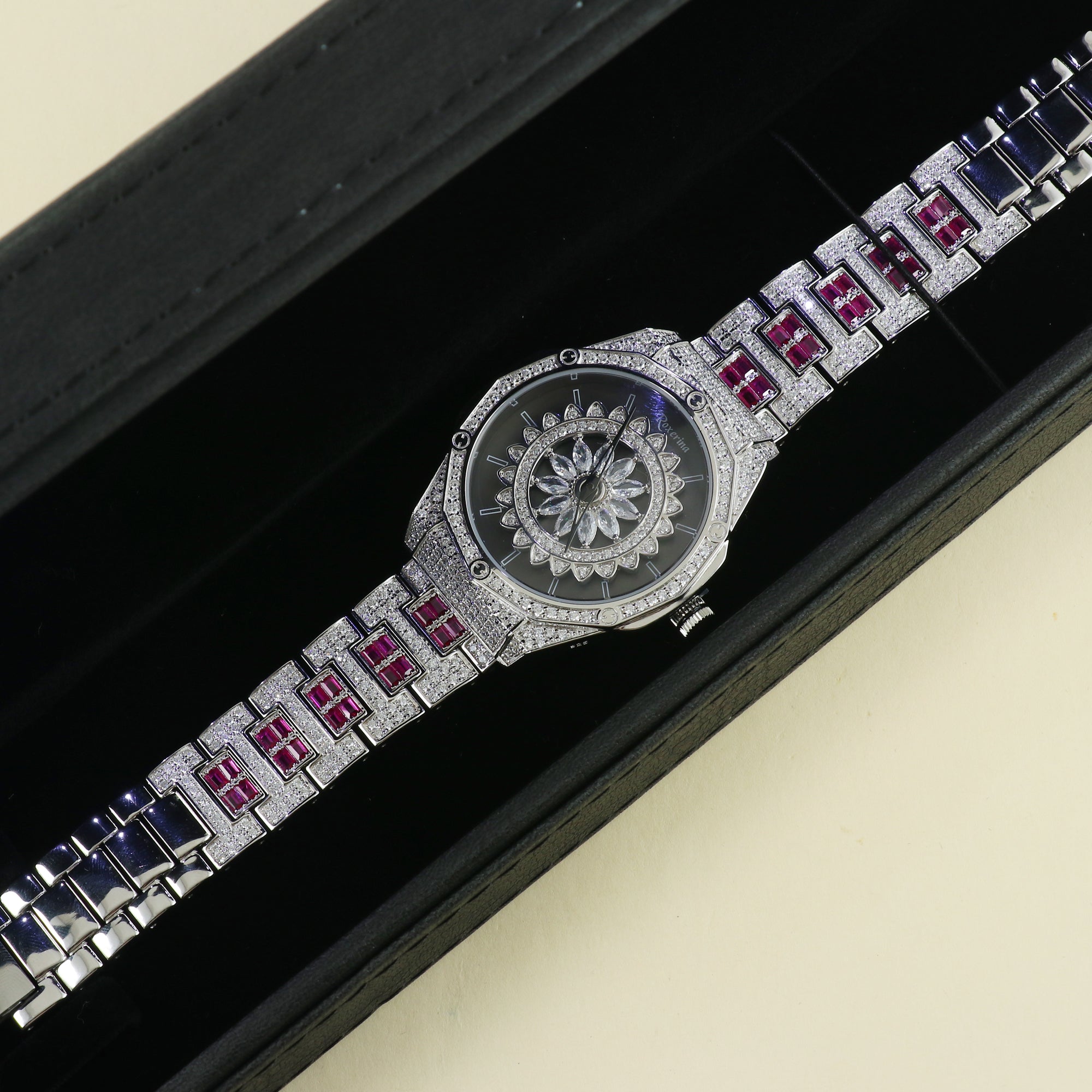 925 Sterling Silver Watch Studded with American Diamond and Ruby.