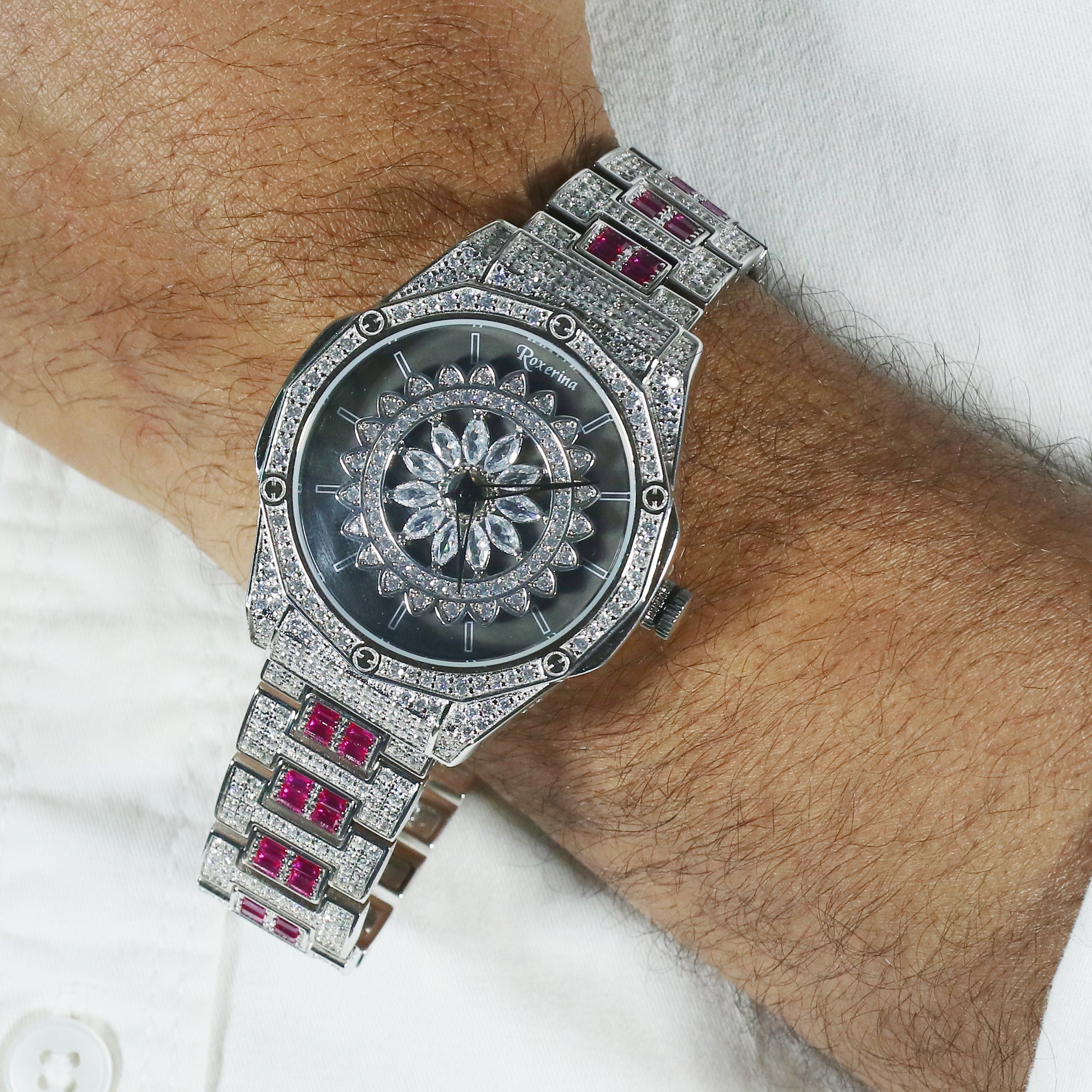 925 Sterling Silver Watch Studded with American Diamond and Ruby.