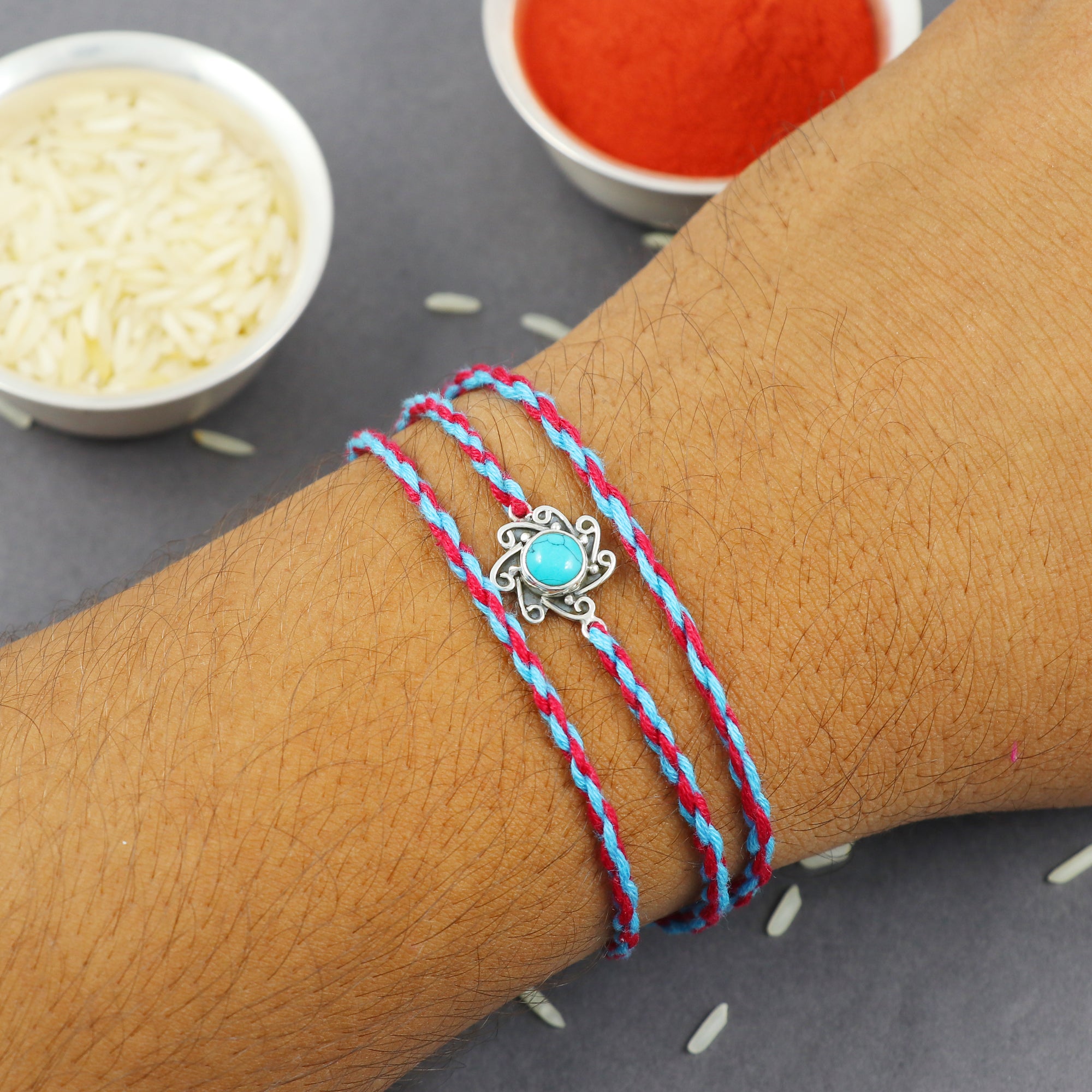 Silver Thread Turquoise Rakhi Bracelet