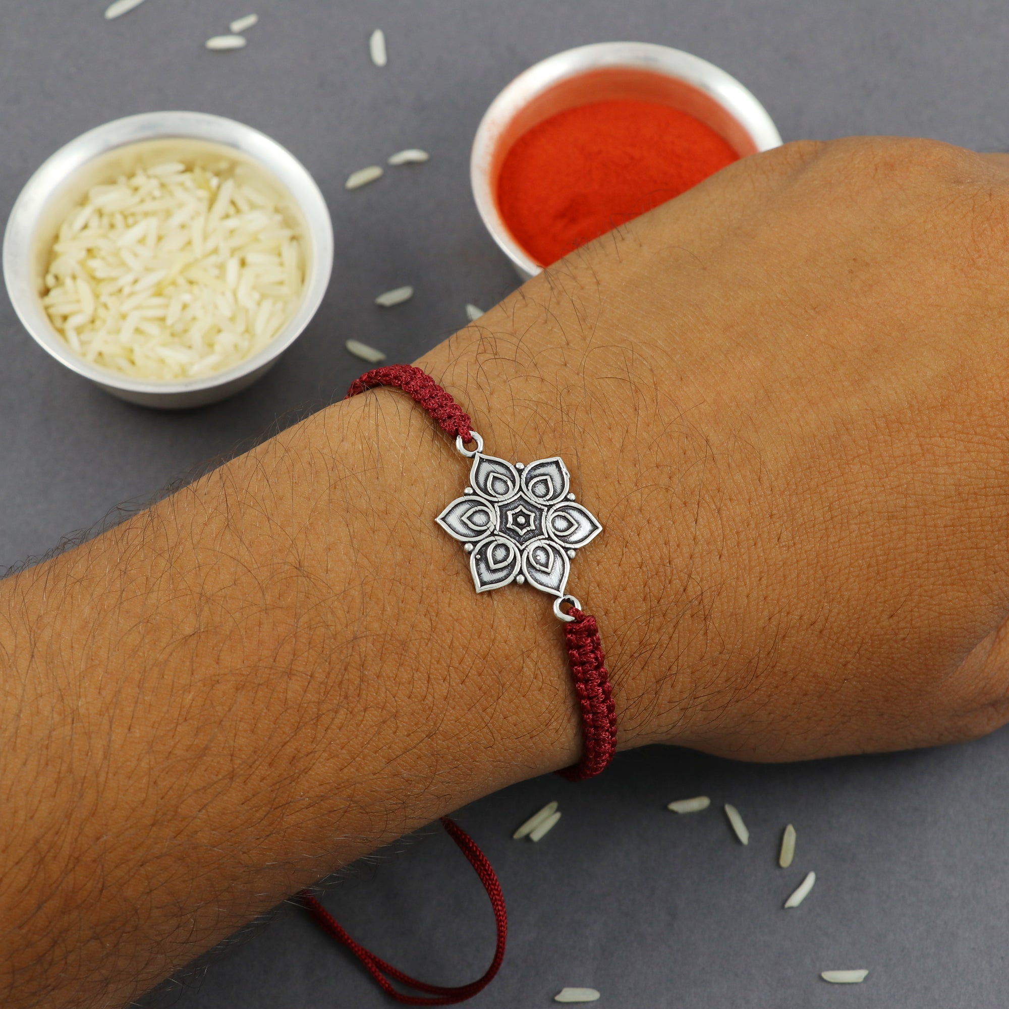 Sterling Silver Thread Silver Floral Rakhi