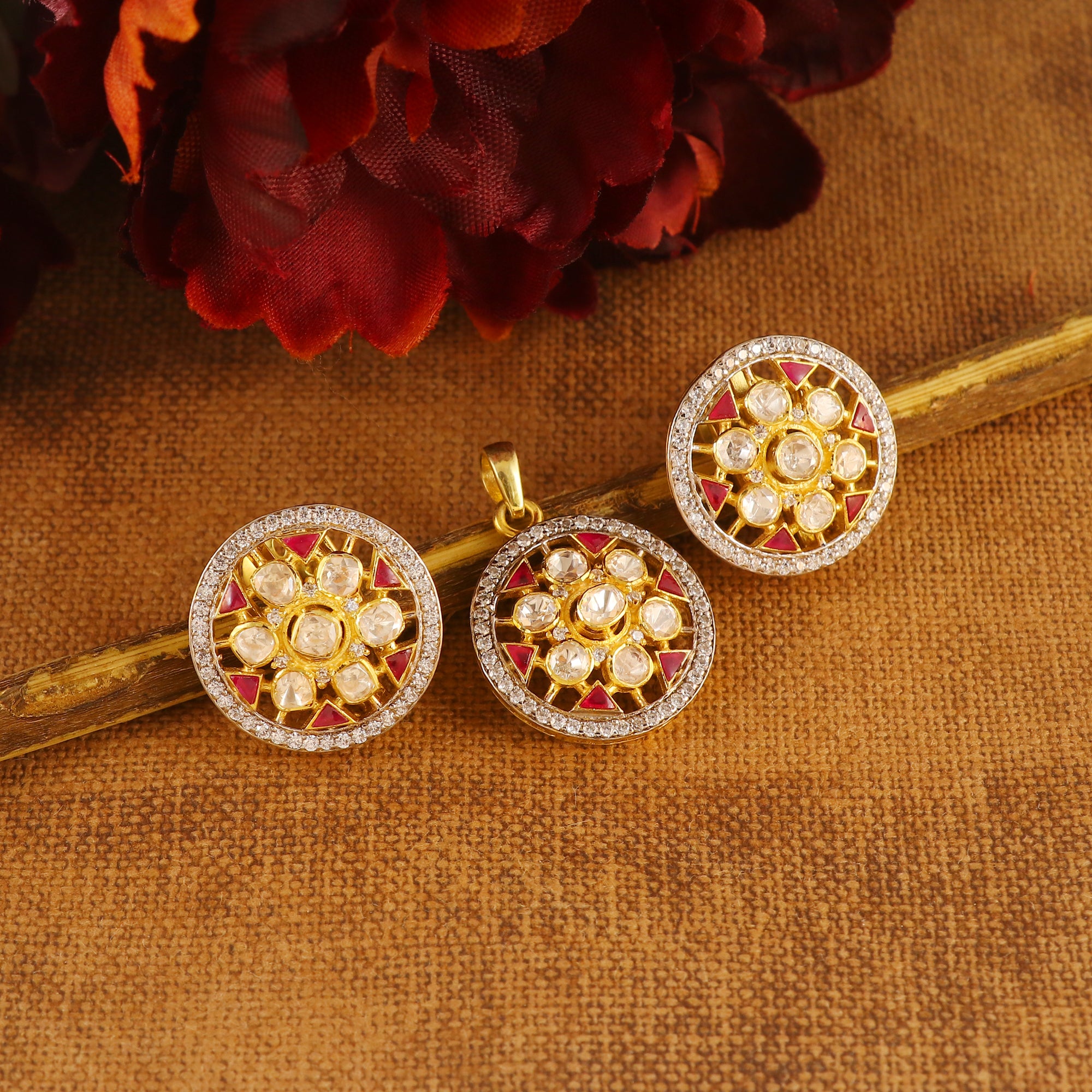 Moissanite Polki Earring Pendant Set in 925Silver