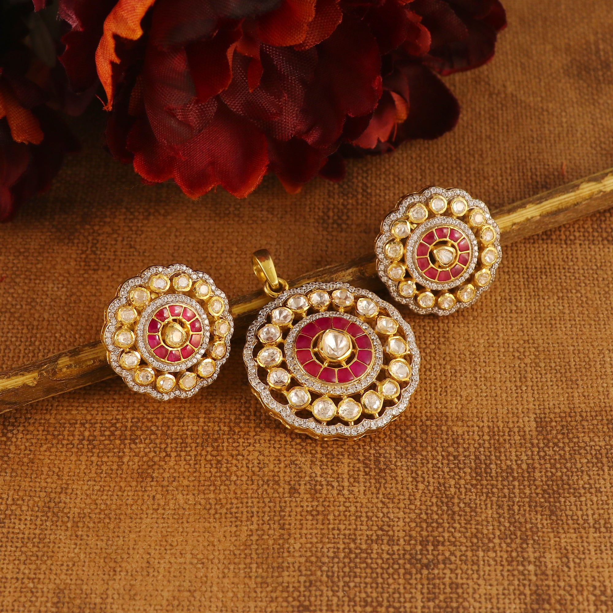 Moissanite Polki Earring Pendant Set in 925Silver