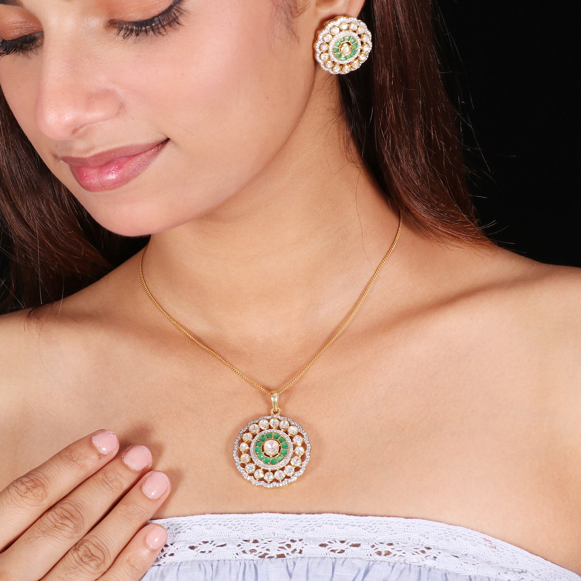 Moissanite Polki Earring Pendant Set in 925Silver