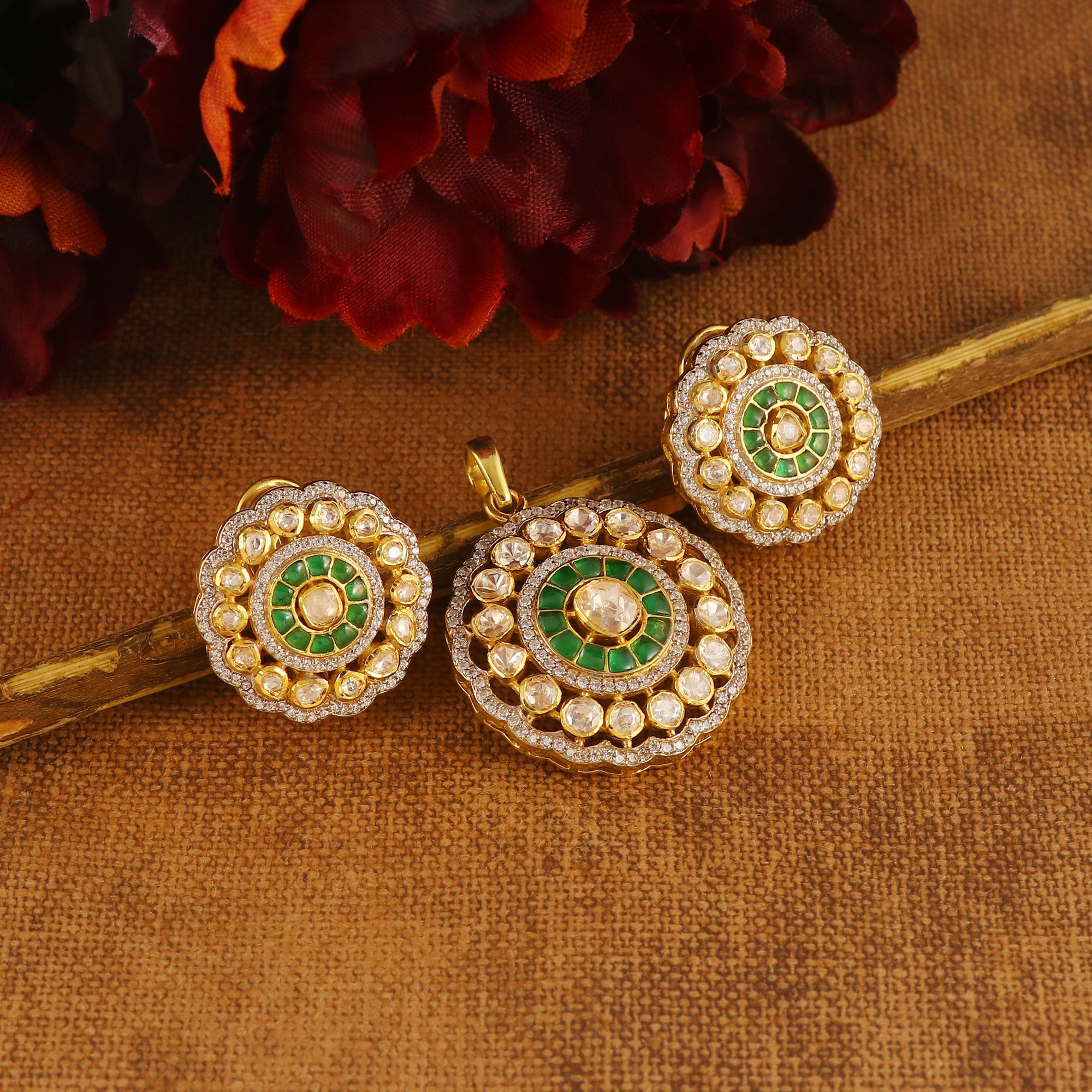 Moissanite Polki Earring Pendant Set in 925Silver