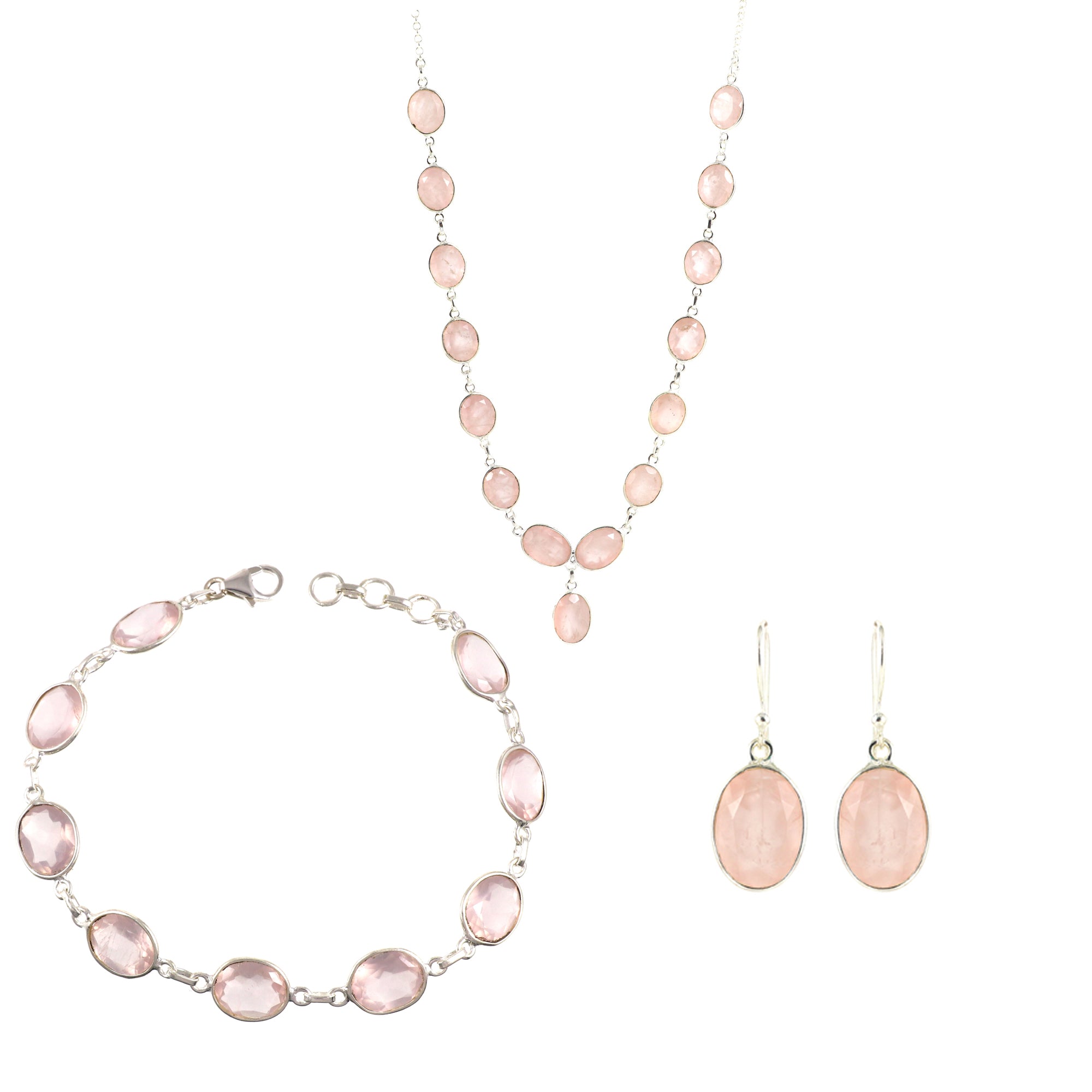 Rose Quartz Necklace Earring Bracelet Set
