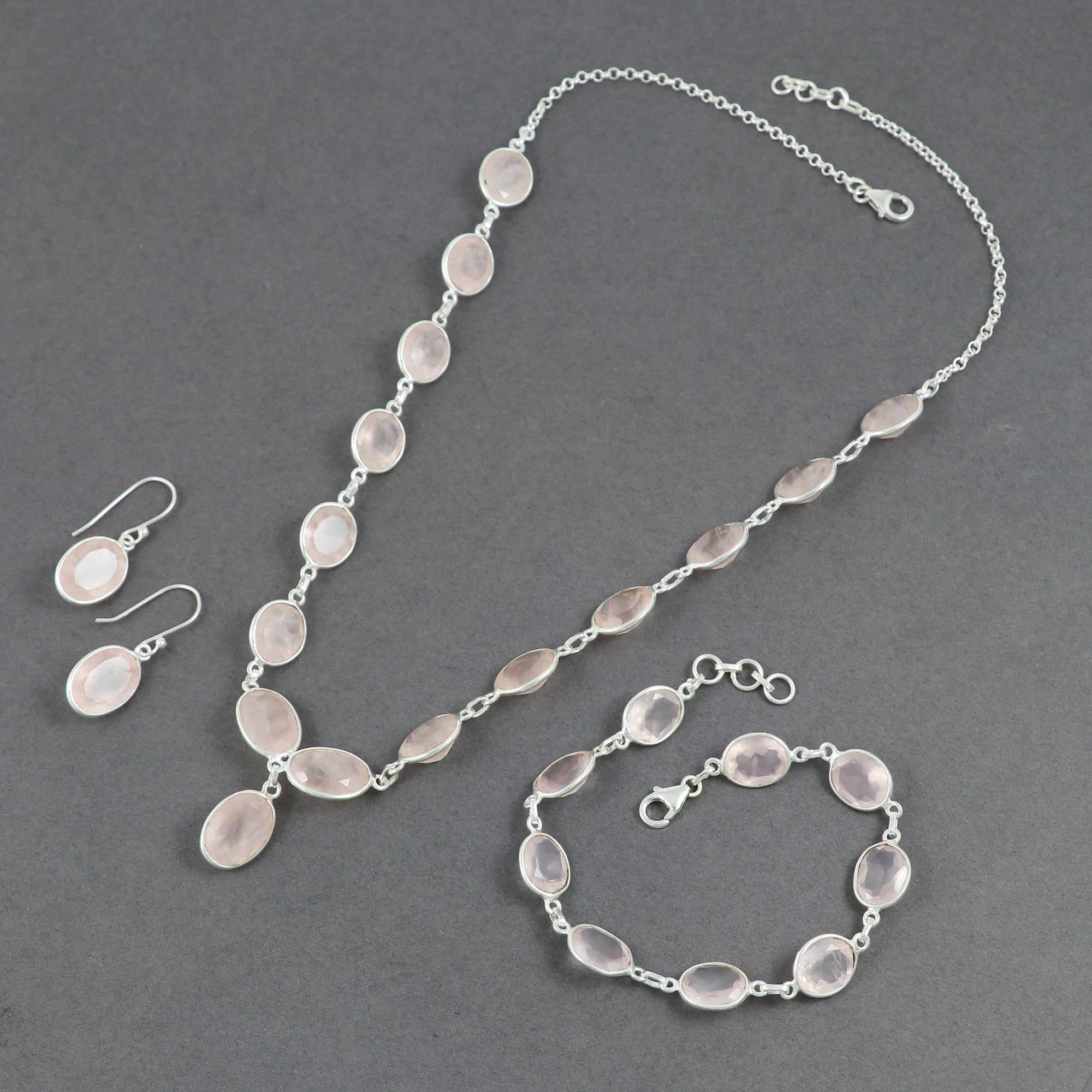 Rose Quartz Necklace Earring Bracelet Set