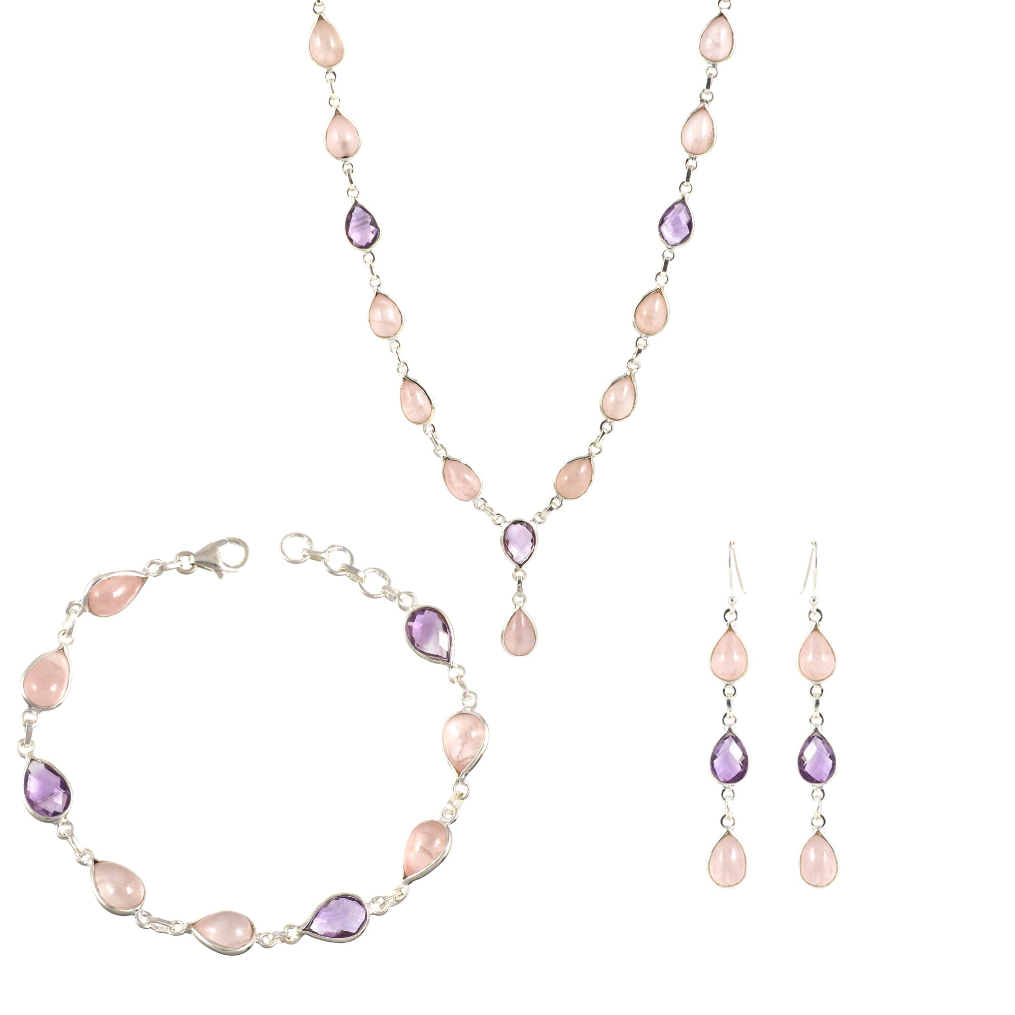 Rose Quartz Necklace Earring Bracelet Set