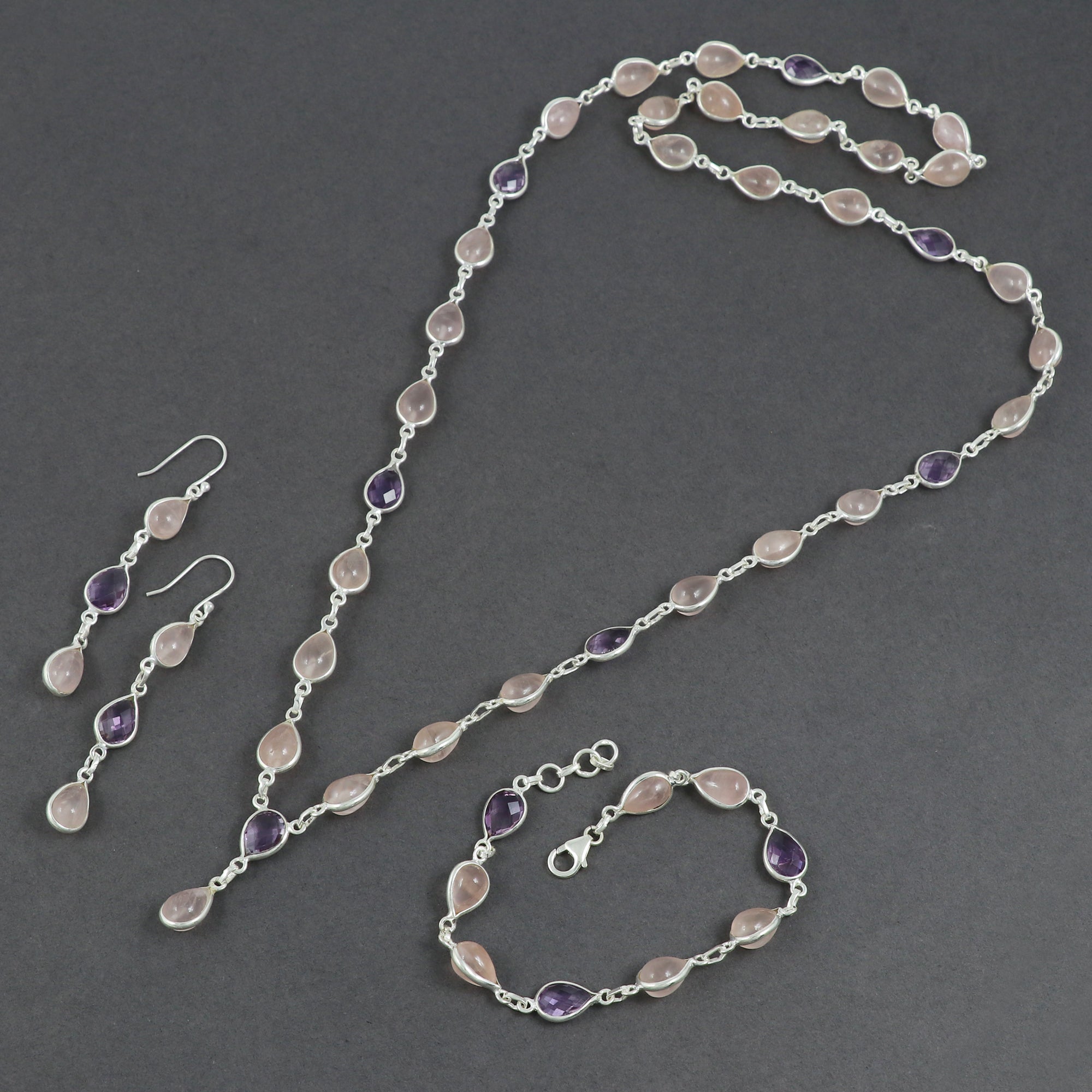 Rose Quartz Necklace Earring Bracelet Set