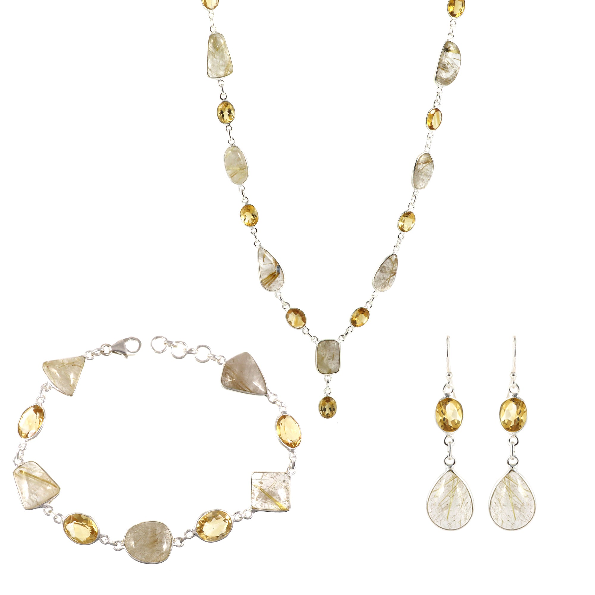 Golden Rutile Necklace Earring Bracelet Set