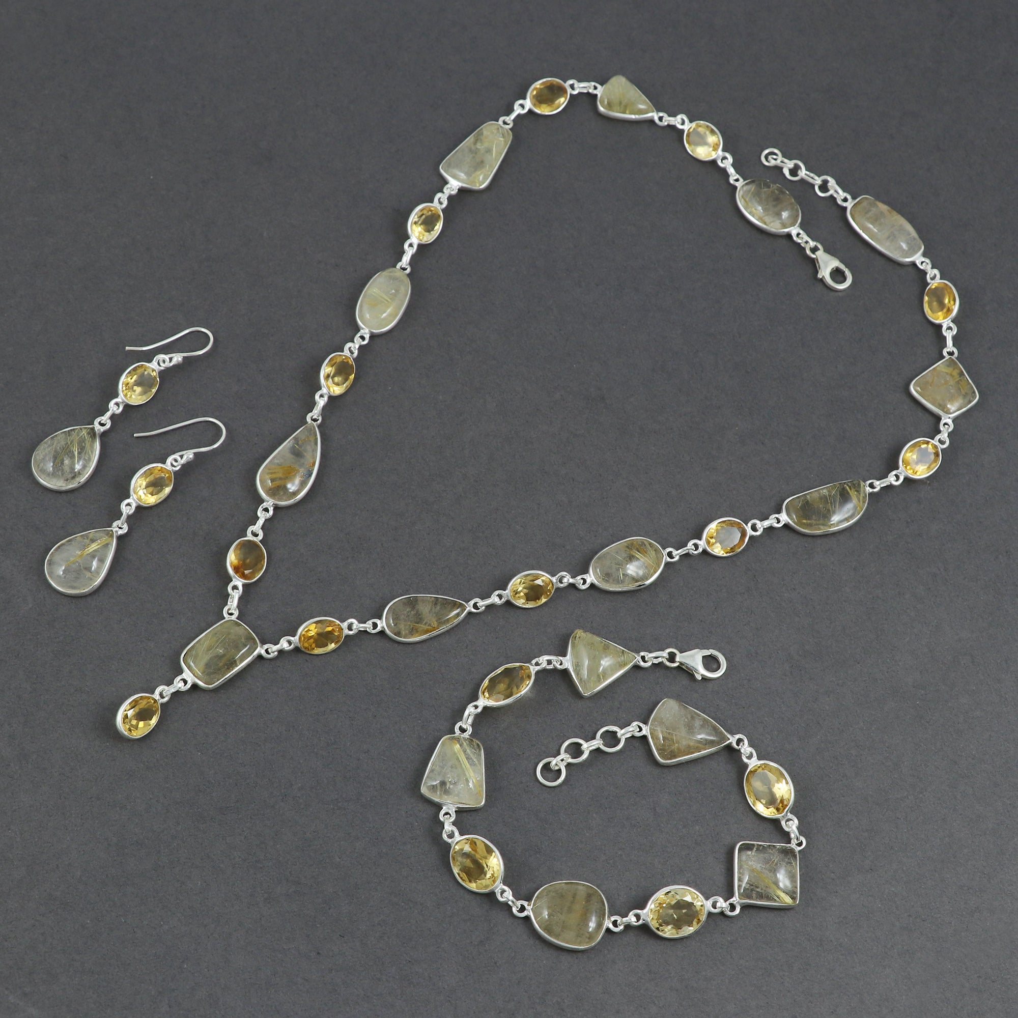 Golden Rutile Necklace Earring Bracelet Set